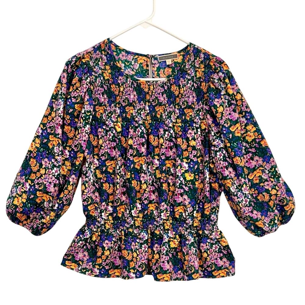 Pleione Anthropologie Smocked Floral 3/4 Puff Sleeve Peplum Blouse green size M
